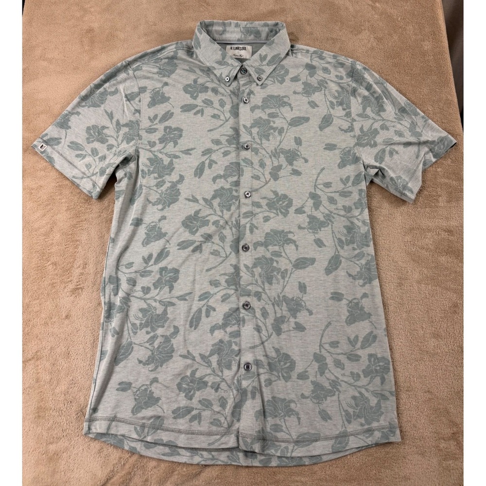 Linksoul Tempus Fugit Polo Shirts Mens‎ L Floral Gray Pima Button down S/S EUC